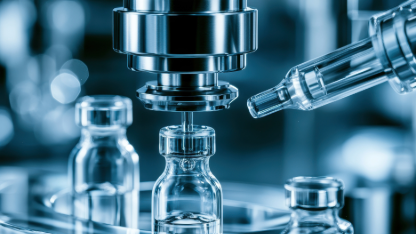 Close-up of pharmaceutical filling equipment positioning a syringe above clear glass vials on an automated production line, illustrating sterile drug manufacturing and aseptic processing.