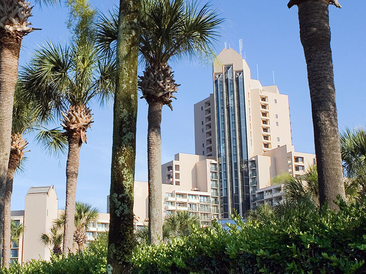Orlando Marriott World Center with palm trees in the foreground