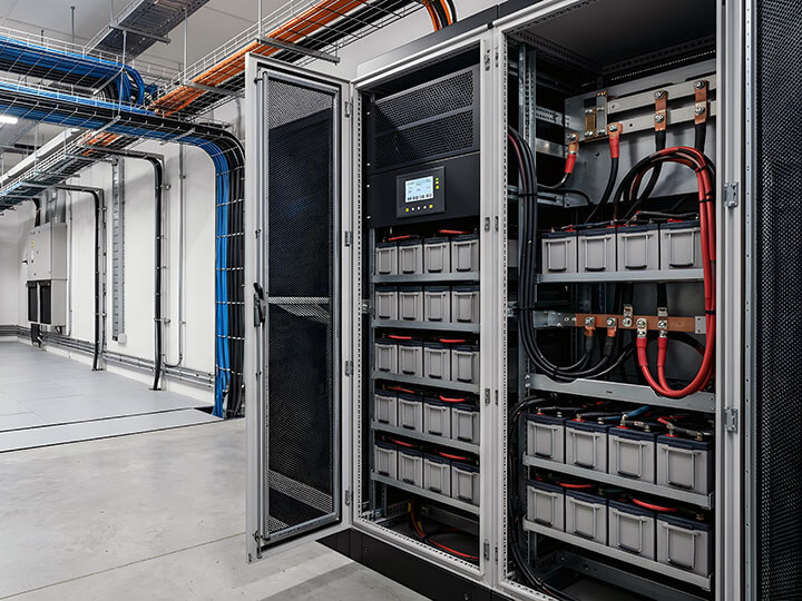 UPS battery cabinet providing backup power for mission-critical equipment in an enterprise data center.