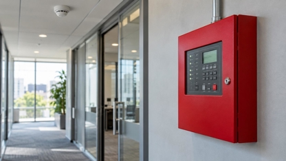 Red fire alarm control panel mounted on a wall in a modern office corridor, with a ceiling-mounted smoke detector in the background