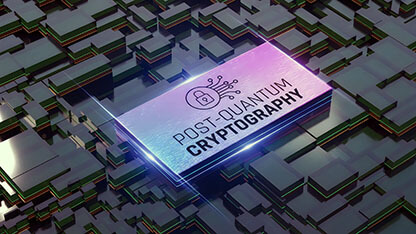 Futuristic post-quantum cryptography USB drive on digital blockchain grid background with neon glow