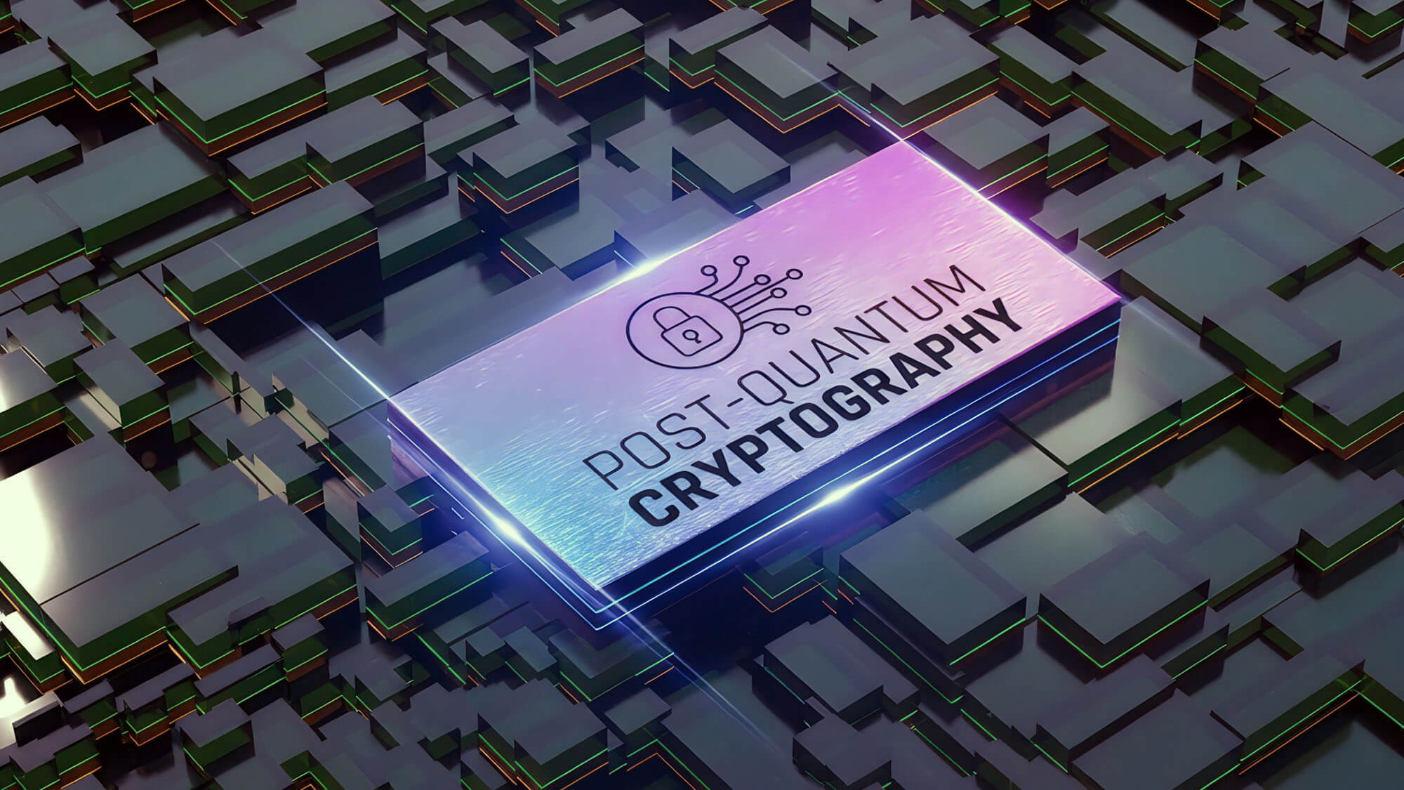 Futuristic post-quantum cryptography USB drive on digital blockchain grid background with neon glow