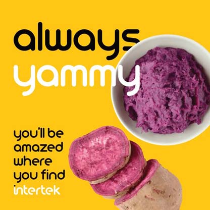 Ube desert in a cup next to sliced purple yam