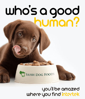 A puppy licking its snout next to a bowl of pet food